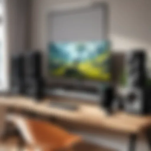 A sleek computer soundbar placed under a monitor, enhancing the workspace aesthetics