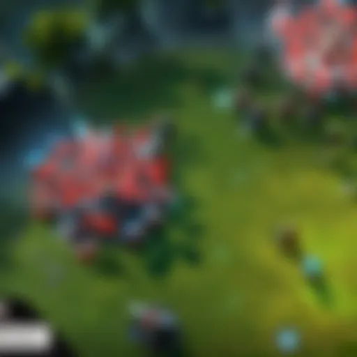 A strategic overview of a DOTA match showcasing map control and hero positioning.