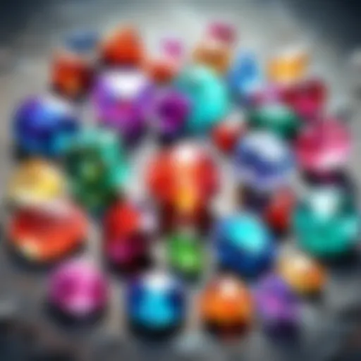 A vibrant collection of various healing gems on a natural wooden surface