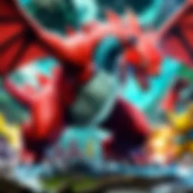 A vibrant landscape featuring various Pokémon in an iconic battle scene