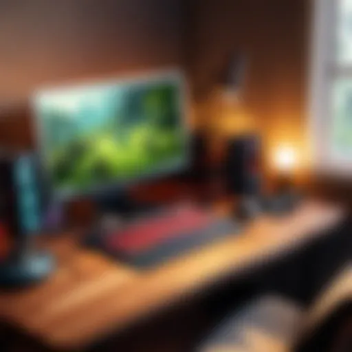 A cozy gaming setup featuring a MacBook Air with vibrant game graphics on the screen.