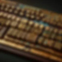 A close-up of a Harry Potter-themed keyboard showcasing its intricate designs and colors.