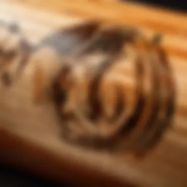 Grain Pattern Detail on a Wooden Baseball Bat Detailed close-up of the grain pattern on a premium wooden baseball bat