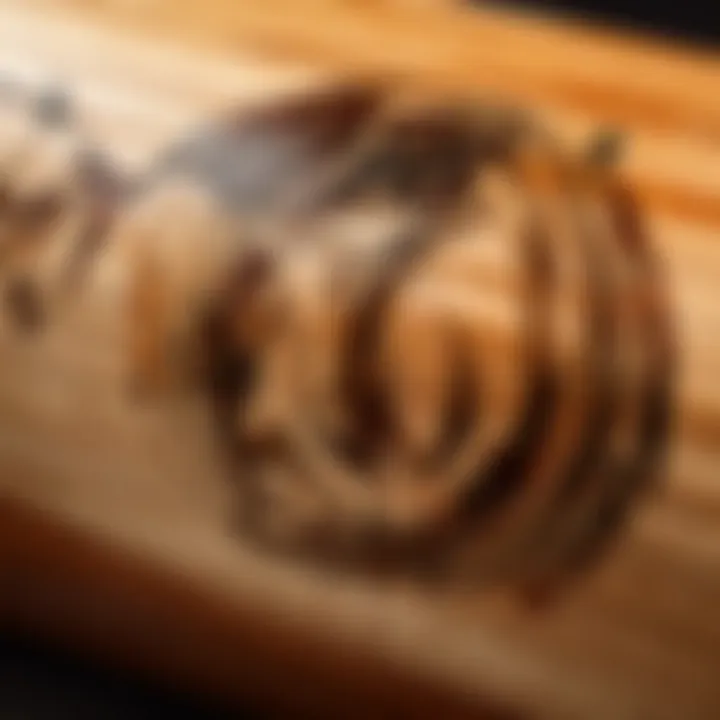 Grain Pattern Detail on a Wooden Baseball Bat Detailed close-up of the grain pattern on a premium wooden baseball bat