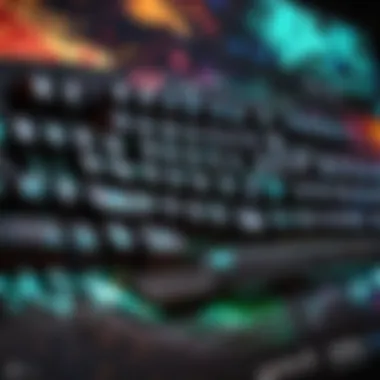 A close-up of a gaming laptop keyboard illuminated with RGB lighting.