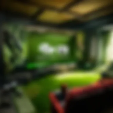 An ambient home theater setup featuring an Xbox console and a large screen